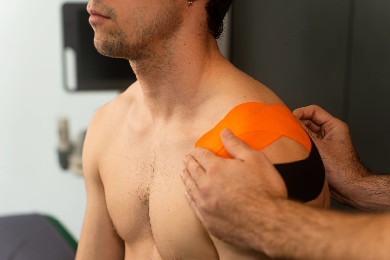 Colocación de kinesiotape naranja y negro en el hombro de un paciente durante sesión de fisioterapia